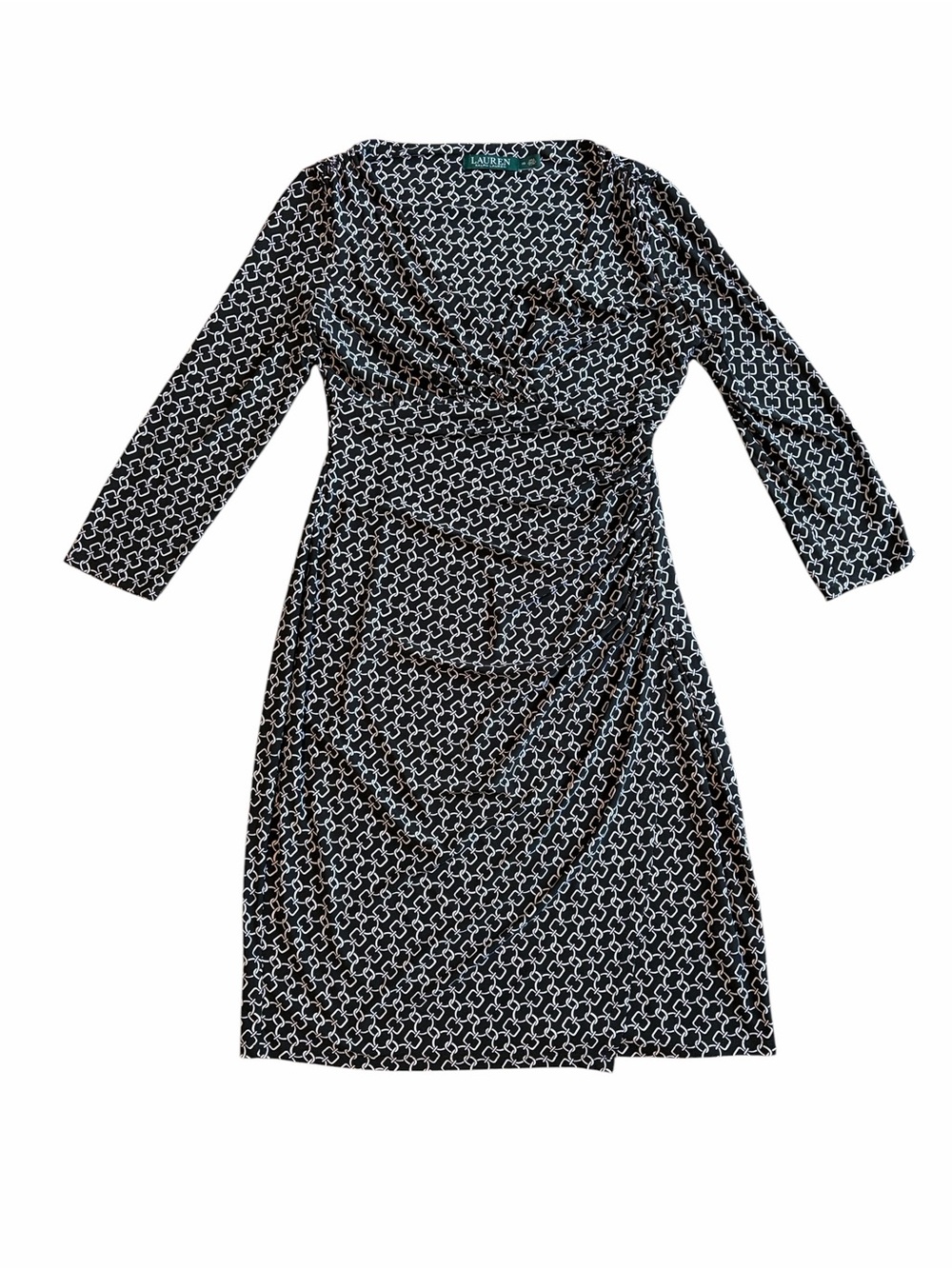 Lauren Ralph Lauren Midi Ruched Dress Mid Sleeve Size 10 Geometric Pattern